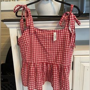 MADEWELL NWT Summer Tie-Strap Red Gingham Peplum Top in Seersucker Check / XL